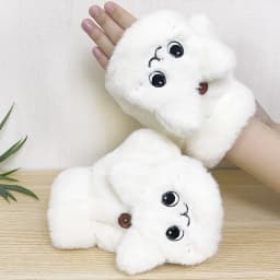 Lovely Plush Cat Mittens Fingerless Gloves Women Winter Warm Rabbit Fur Knit Mittens Flip Half Finger Gloves for Cycling Driving