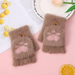 Lovely Plush Cat Mittens Fingerless Gloves Women Winter Warm Rabbit Fur Knit Mittens Flip Half Finger Gloves for Cycling Driving