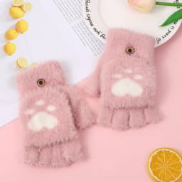 Lovely Plush Cat Mittens Fingerless Gloves Women Winter Warm Rabbit Fur Knit Mittens Flip Half Finger Gloves for Cycling Driving