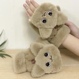 Lovely Plush Cat Mittens Fingerless Gloves Women Winter Warm Rabbit Fur Knit Mittens Flip Half Finger Gloves for Cycling Driving