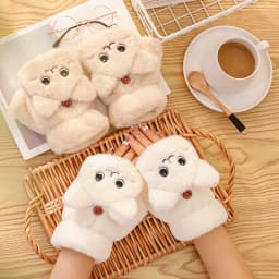 Lovely Plush Cat Mittens Fingerless Gloves Women Winter Warm Rabbit Fur Knit Mittens Flip Half Finger Gloves for Cycling Driving