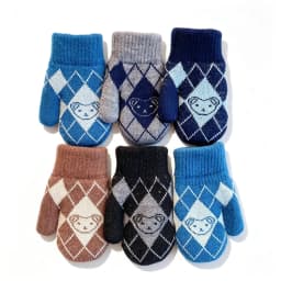 Kids Winter Knit Mittens Fleece Warm Argyle Plaid Simple Bear Jacquard Stretchy Rib Cuff Cold‑proof Vintage Style Gloves 2026