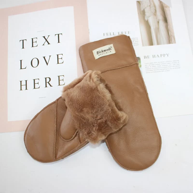 New Winter Warm Women's Sheepskin Gloves Thickened Wool Lined Solid Finger Leather Gloves