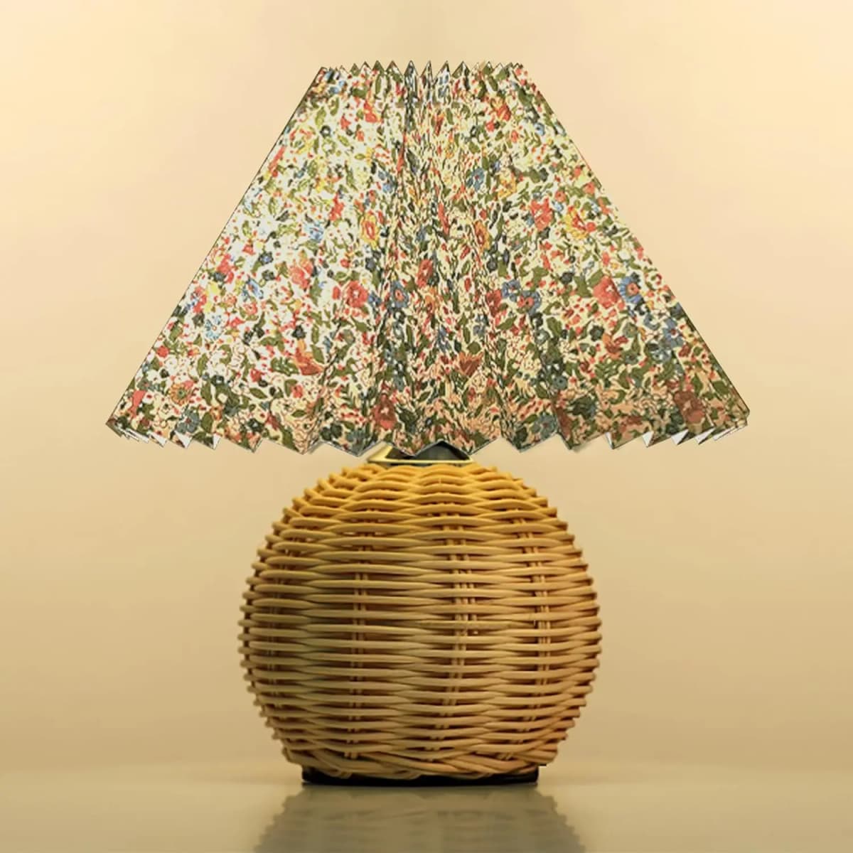 Vintage Wicker Table Light with Pleated Lampshade Bedside Lamp Farmhouse Boho Rattan Lamps for Bedroom Living Room Home Decor