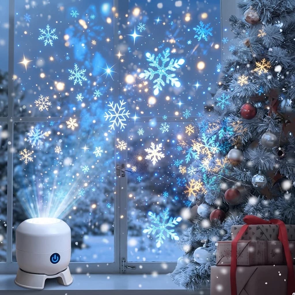 Snowflake Projector Light 360°Rotating Dynamic Christmas Snowflake Projector USB Rechargeable Night Lamp for Bedroom Party Decor