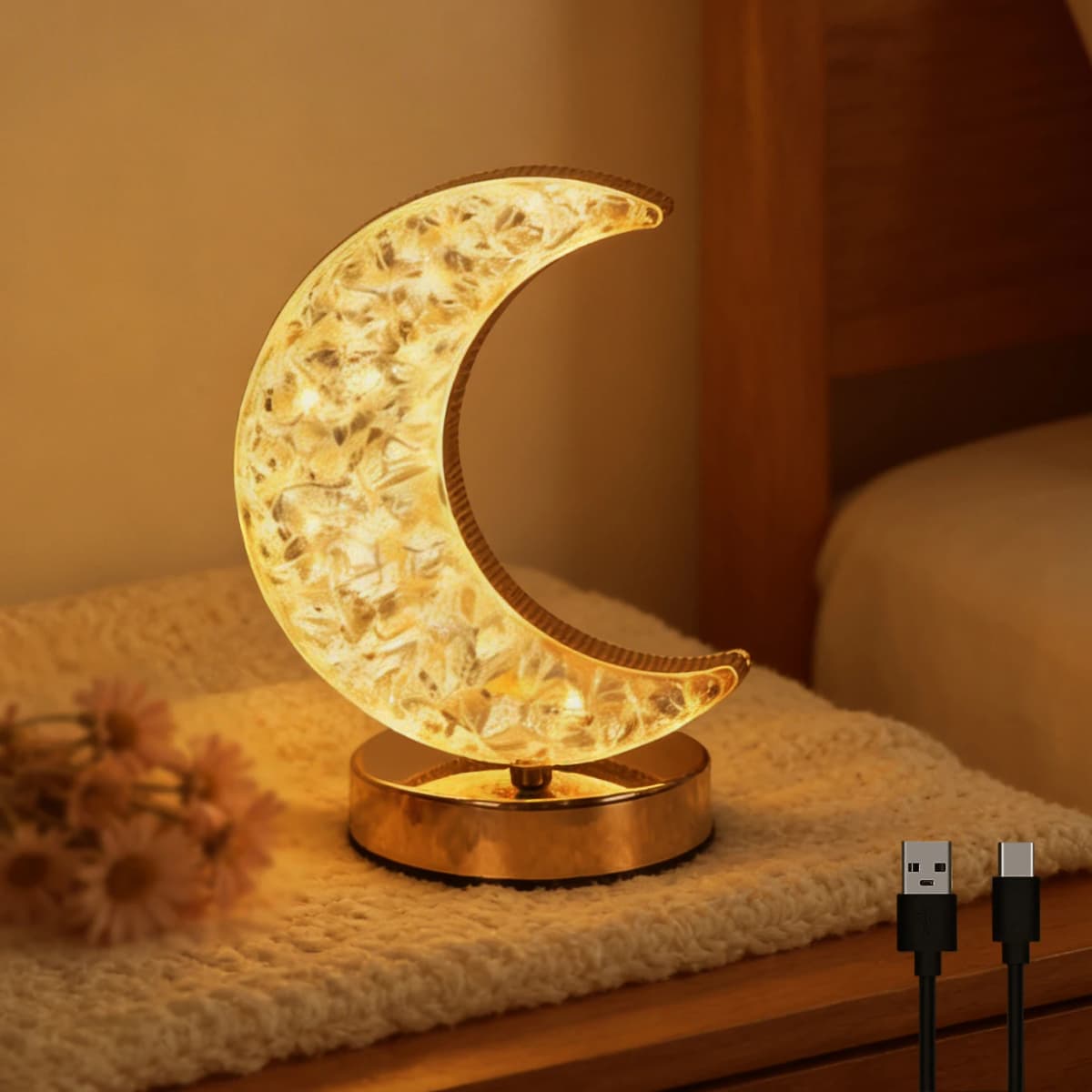 Bedroom Crystal Touch Dimming Night Light Room Home Decor Aesthetics USB Bedside LED Ambient Table 3d Moon Lamp
