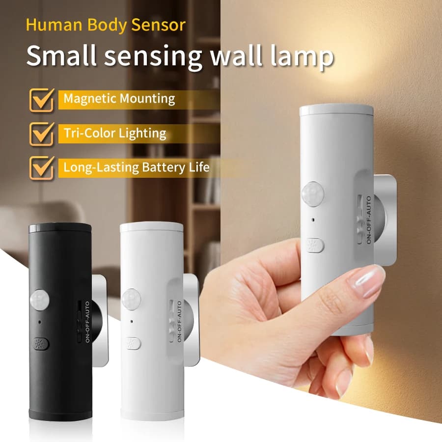 Human Body Sensor LED Night Light Double-head 3 Colors Wall Lamp Rechargeable Magnetic Ambient Light for Stairs Corridor Bedroom