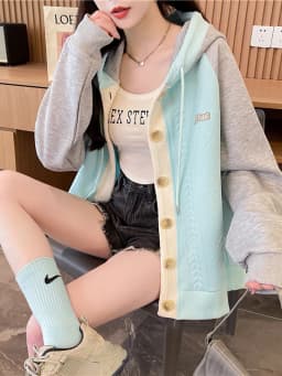 Loose Women's Hoodie Spring Autumn Oversize Color Block Patchwork Open Cardigan Cotton Blend Korean Style Long Sleeve Zipper
