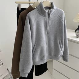 Double Zipper Sweatshirts Women Vintage Stand Collar Thick Faux Lamb Wool Coats Retro Loose Casual Office Lady All Match Outwear