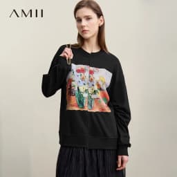 Amii Woman Sweatshirts 2026 Autumn New Splicing Printing Drop Shoulder Sweater Women's Loose O-Neck Cotton Knitted Top 12621087