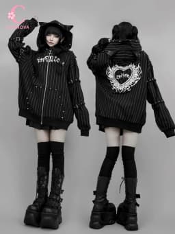 Black Cat Ear Zip Up Hoodie Japanese Subculture Women Devil Pinstripe Heart Print Oversized Metal Buckle Punk Streetwear Outfit