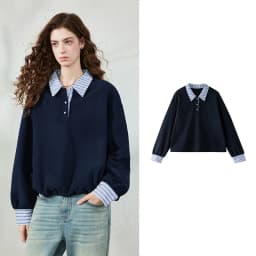 TOYOUTH Women Sweatshirt 2026 Autumn New Polar Fleece Warm Stripe Lapel Faux Two‑Piece Loose Vintage Top