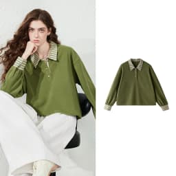 TOYOUTH Women Sweatshirt 2026 Autumn New Polar Fleece Warm Stripe Lapel Faux Two‑Piece Loose Vintage Top