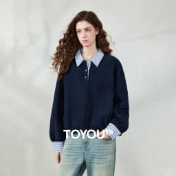 TOYOUTH Women Sweatshirt 2026 Autumn New Polar Fleece Warm Stripe Lapel Faux Two‑Piece Loose Vintage Top