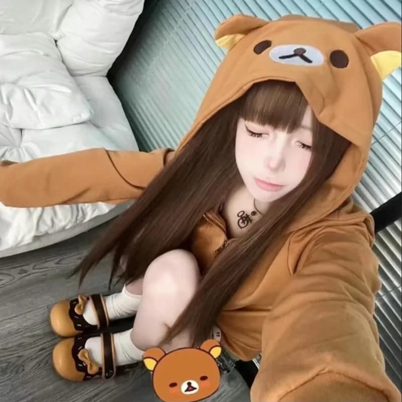 Japanese Soft Girl Fall Outfit Y2k Tops Kawaii Zip Up Sweatshirt Women Sweet Cute Cat Ear Hat Long Sleeve Loose Jacket for Girls