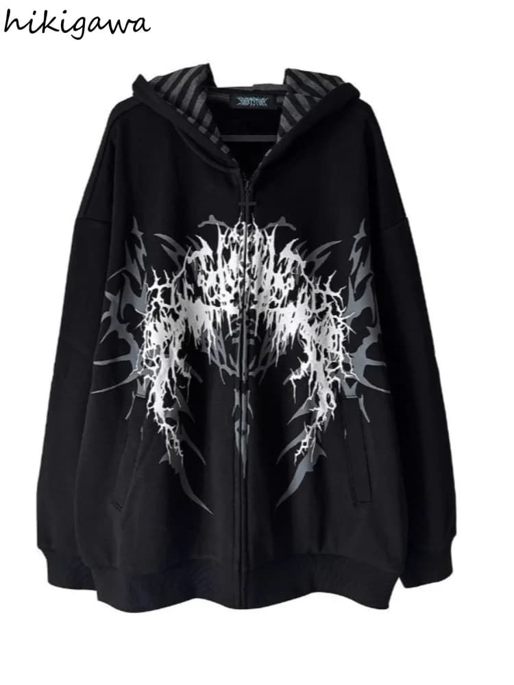 Japanese Hoodies Harajuku Print Zipper Y2k Tops Hooded Loose Sweatshirts Women's Clothing Fashion Casual Punk Hoodie Jackets