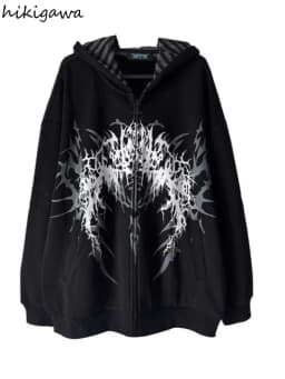 Japanese Hoodies Harajuku Print Zipper Y2k Tops Hooded Loose Sweatshirts Women's Clothing Fashion Casual Punk Hoodie Jackets