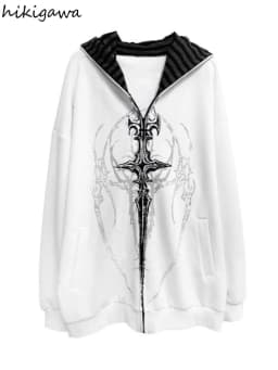 Japanese Hoodies Harajuku Print Zipper Y2k Tops Hooded Loose Sweatshirts Women's Clothing Fashion Casual Punk Hoodie Jackets