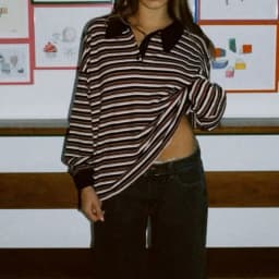 Women Striped Rugby Shirt Lapel Collar Vintage Oversize Long Sleeve Pullover Y2k Tee Casual Sweatshirts