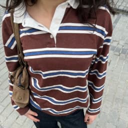 Women Striped Rugby Shirt Lapel Collar Vintage Oversize Long Sleeve Pullover Y2k Tee Casual Sweatshirts