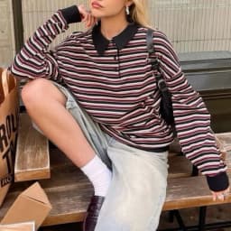 Women Striped Rugby Shirt Lapel Collar Vintage Oversize Long Sleeve Pullover Y2k Tee Casual Sweatshirts