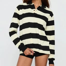 Women Striped Rugby Shirt Lapel Collar Vintage Oversize Long Sleeve Pullover Y2k Tee Casual Sweatshirts