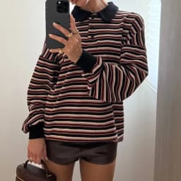 Women Striped Rugby Shirt Lapel Collar Vintage Oversize Long Sleeve Pullover Y2k Tee Casual Sweatshirts
