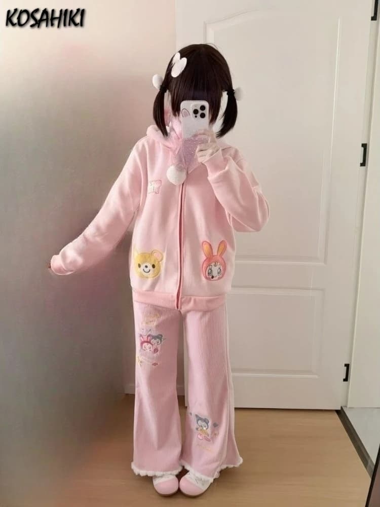 Japanese Cartoon Embroidery Women Hoddies Y2k Aesthetic Casual Grunge Zipper Sweatshirt 2025 Harajuku Autumn Kawaii Cute Hoody
