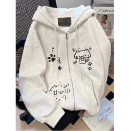 Cartoon Print Hoodie Women's Autumn Winter Fleece Lined Zipper Open Cardigan Loose Slimming Casual Outerwear Trendy