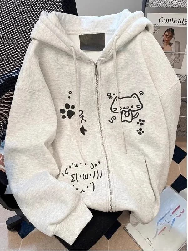 Cartoon Print Hoodie Women's Autumn Winter Fleece Lined Zipper Open Cardigan Loose Slimming Casual Outerwear Trendy