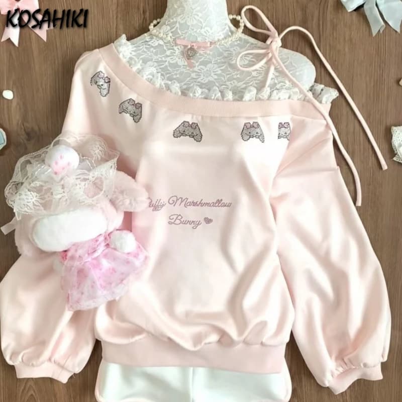 Japanese Rhinestone Cartoon Cute Sweatshirt Lace Patchwork Slash Neck Bandage Tops Y2k Aesthetic Loose Grunge Women Clothing