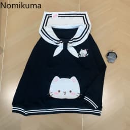 2025 Women's Clothing Japanese Sweatshirts Cute Cat Sailor Collar Loose Hoodies Cotton Thicked Fashion Casual Hoodie Ropa Mujer
