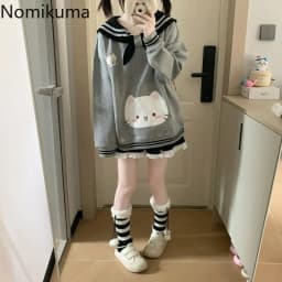 2025 Women's Clothing Japanese Sweatshirts Cute Cat Sailor Collar Loose Hoodies Cotton Thicked Fashion Casual Hoodie Ropa Mujer