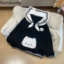 2025 Women's Clothing Japanese Sweatshirts Cute Cat Sailor Collar Loose Hoodies Cotton Thicked Fashion Casual Hoodie Ropa Mujer