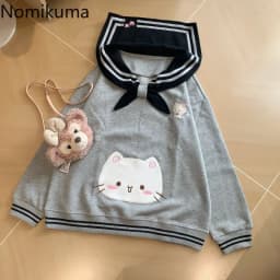 2025 Women's Clothing Japanese Sweatshirts Cute Cat Sailor Collar Loose Hoodies Cotton Thicked Fashion Casual Hoodie Ropa Mujer