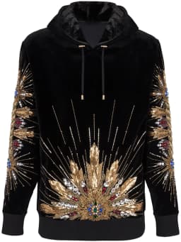 HIGH STREET Newest 2026 Designer Tops Women's Sequined Rhinestone Diamonds Beaded Velvet Loose Hooded Hoodie Sweatshirt