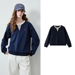 TOYOUTH Women's Fake Two Piece Sweatshirt 2026 Autumn New Arrival Preppy Sporty Striped Splicing Heart Embroidery Top