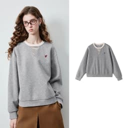 TOYOUTH Women's Fake Two Piece Sweatshirt 2026 Autumn New Arrival Preppy Sporty Striped Splicing Heart Embroidery Top