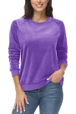 TACVASEN Women's Raglan Sleeve Crewneck Sweatshirt Soft Velour Fleece Pullover Casual Solid Long Sleeve Top with Ribbed Cuffs
