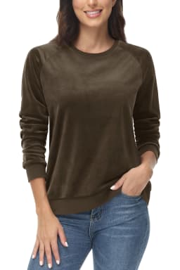 TACVASEN Women's Raglan Sleeve Crewneck Sweatshirt Soft Velour Fleece Pullover Casual Solid Long Sleeve Top with Ribbed Cuffs