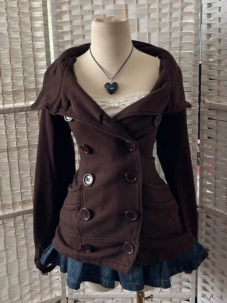Fashionable retro Harajuku Y2K brown trend double-buttoned women's autumn/winter new style slim-fit designable hooded coat emo