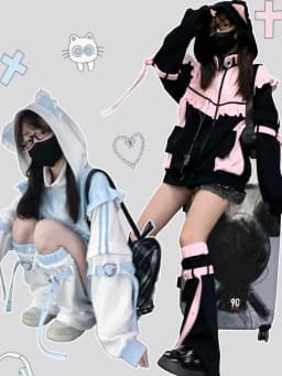 Spring Autumn Thin Fleece Subculture Virtual Human Color Block Long Sleeve Hoodie Women's Lace Hem Coat Sweet Style Zipper Lo...