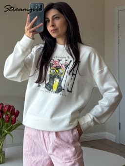 Streamgirl Women Printed Sweatshirts Oversized White Tops Loose O Neck Pink Graphic Sweatshirts For Women Cotton Pullovers