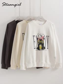Streamgirl Women Printed Sweatshirts Oversized White Tops Loose O Neck Pink Graphic Sweatshirts For Women Cotton Pullovers
