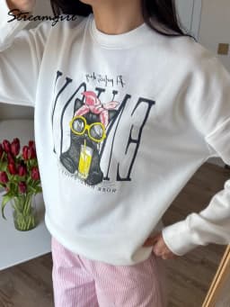 Streamgirl Women Printed Sweatshirts Oversized White Tops Loose O Neck Pink Graphic Sweatshirts For Women Cotton Pullovers