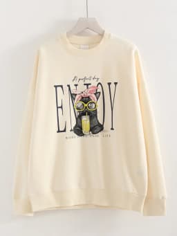 Streamgirl Women Printed Sweatshirts Oversized White Tops Loose O Neck Pink Graphic Sweatshirts For Women Cotton Pullovers