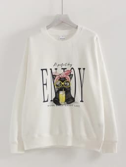 Streamgirl Women Printed Sweatshirts Oversized White Tops Loose O Neck Pink Graphic Sweatshirts For Women Cotton Pullovers