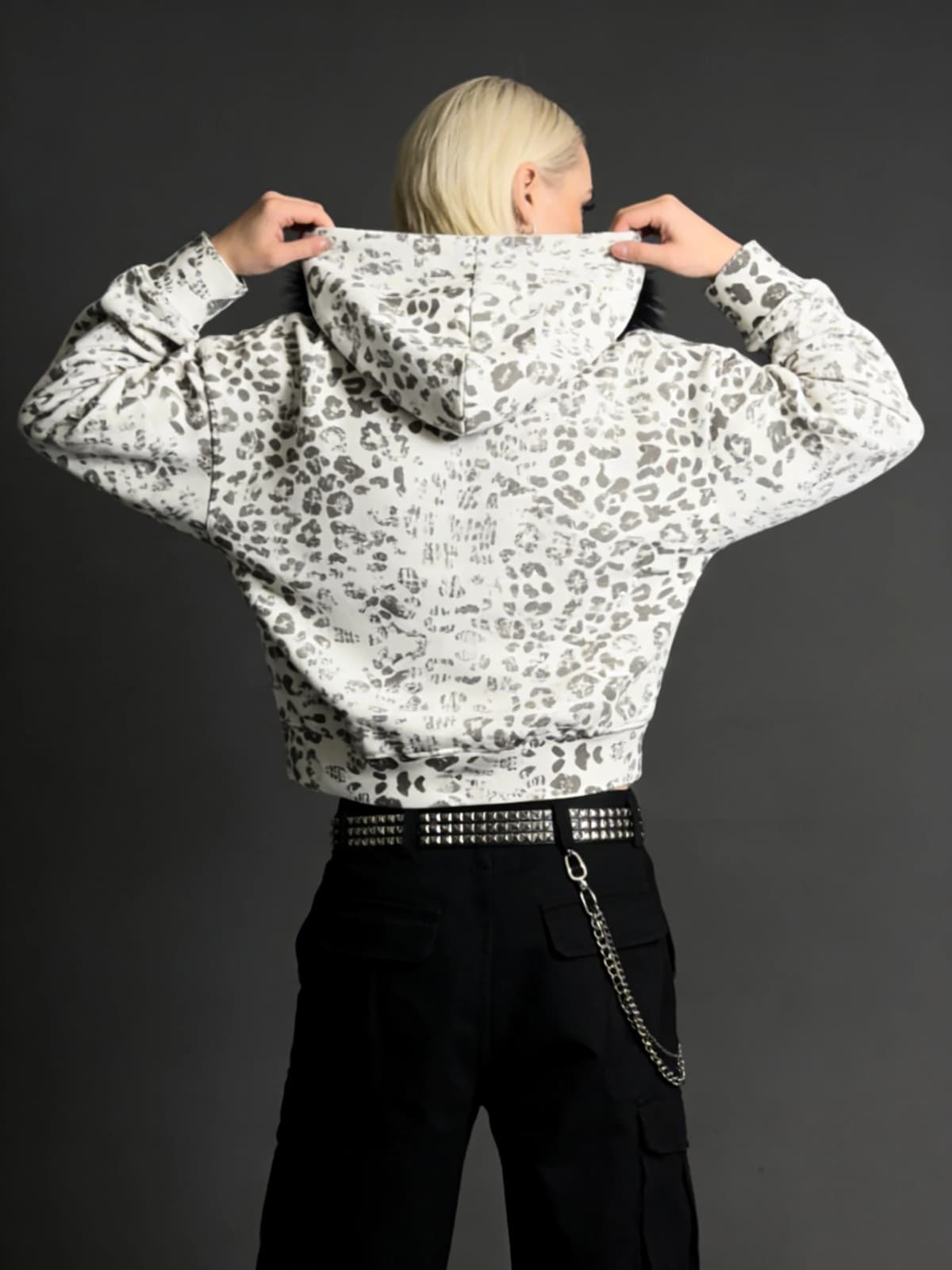 Y2K Streetwear Casual All-Season Fashion Sweatshirt Women's Leopard Print Faux Fur Hood Zipper Hoodie Cropped Oversized