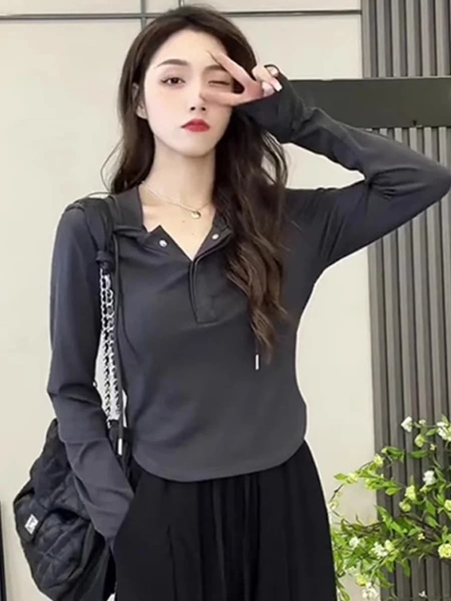 Gray Hoodie Sweatshirt Women's Style Slim Fit Long Sleeve T-Shirt Top Commute Style Pure Color Button Detail Drawstring Detail