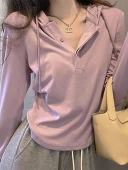 Gray Hoodie Sweatshirt Women's Style Slim Fit Long Sleeve T-Shirt Top Commute Style Pure Color Button Detail Drawstring Detail